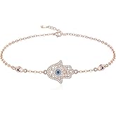 Hamsa Hand Evil Eye Bracelet for Women Sterling Silver Dainty Cute Crystal Round Blue Evil Eye Fatima Bracelets