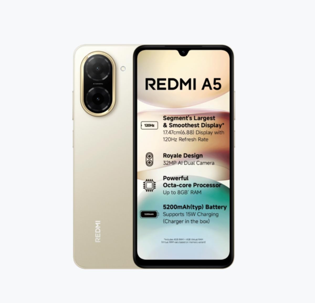 Redmi A5 Jaisalmer Gold (3GB RAM 64GB Storage) | Royale Design | Segment's Largest 17.47cm(6.88) and Smoothest 120Hz Display | 5200mAh Large Battery | Expandable Storage up to 2TB