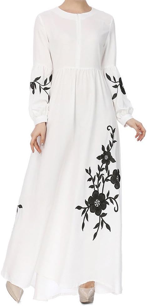 Clearance!Women Summer Loose Chiffon Maxi Dress Retro Floral Print Embroidery Lantern Sleeve O-neck Elegant Long Dress (L, White)