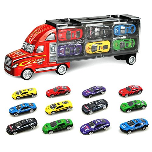 SINACO spielzeugautos Aufbewahrungs LKW mit 12 Metall Autos Handheld Geschenkset für Kinder ab 3 Jahren