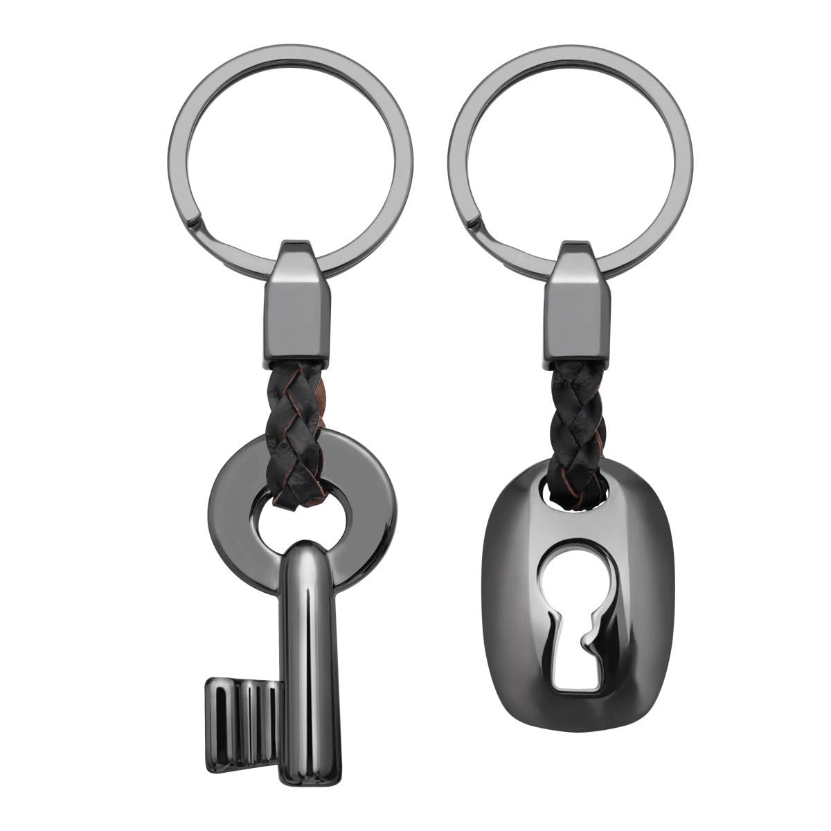 BESPORTBLE 2PCS Keychain Personalized Couple Keychain, Fashion Leather Couple Key Chain Ring Keyring Key Fob Key& Lock, Leather Key Chain (Black)