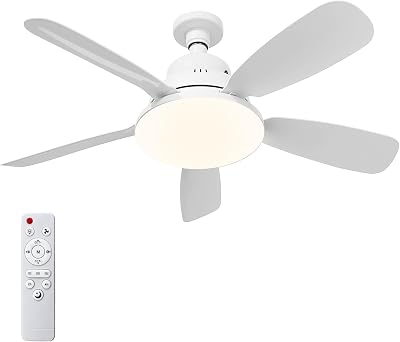 Ventilateur de Plafond avec Lumière et Télécommande, 62CM 45W Petit Ventilateur LED Dimmable, 3 Couleurs 3000-6500K, 3 Vitesses, Minuterie, Douille E27 pour Chambre, Cuisine, Salle de Bain