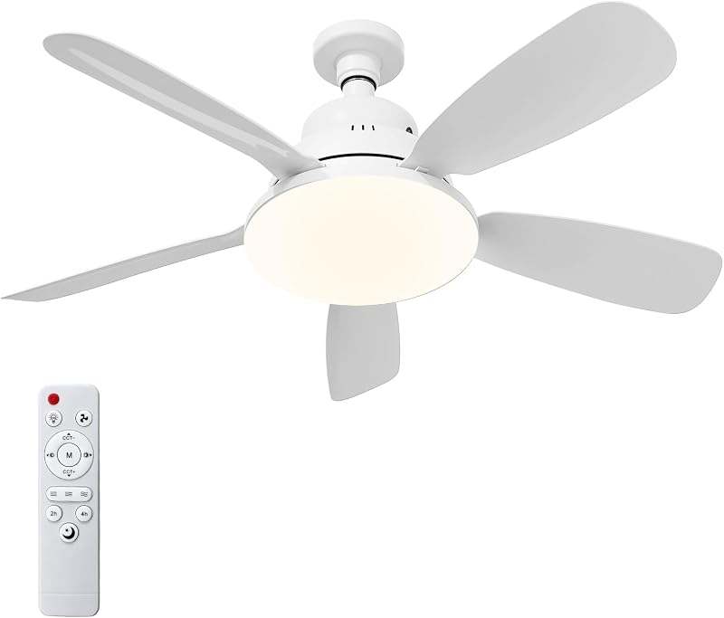Ventilateur de Plafond avec Lumière et Télécommande, 62CM 45W Petit Ventilateur LED Dimmable, 3 Couleurs 3000-6500K, 3 Vitesses, Minuterie, Douille E27 pour Chambre, Cuisine, Salle de Bain