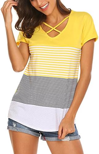 NDLBS Women's V-Neck Criss Cross Short Sleeve Triple Color Block Stripe T-Shirt