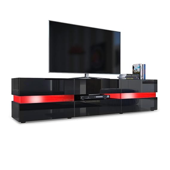 Vladon TV Board Lowboard Flow, Korpus in Schwarz Hochglanz/Front in Schwarz Hochglanz inkl. LED Beleuchtung