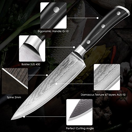Damascus Chef Knife, 8-inch Kitchen Knife, AUS10V Japanese High Carbon Stainless Steel with Razor Sharp Blade/Gift Sheath/Gift Box Included