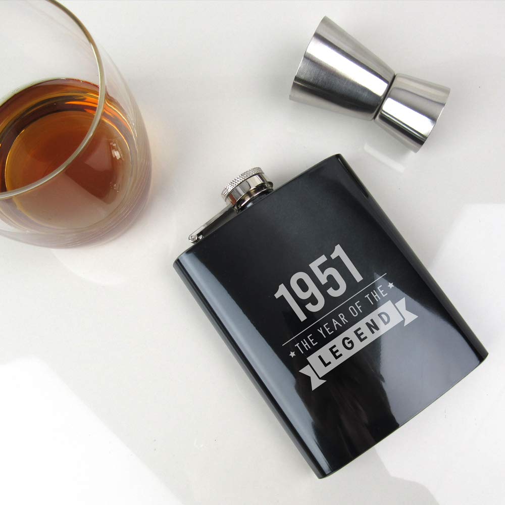 eBuyGB Drinks Canteen Engraved Black Hip Flask-1951 Year of The Legend Design-70th Birthday, Men-Seventieth Gift for Dad, Uncle, Brother, Stainless Steel