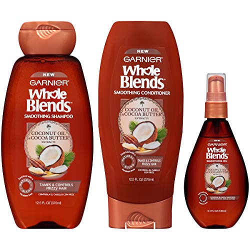 Garnier Hair Care Whole Blends Smoothing Coconut Oil and Cocoa Butter Extracts Shampoo, Conditioner, and Smoothing Oil, For Frizzy Hair 1 Kit