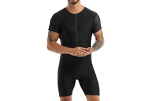 Yartina Men's Short Sleeve Zipper Bodysuit Leotard Wrestling Singlet Sports Workout Unitard One Piece Swimsuit Swimwear