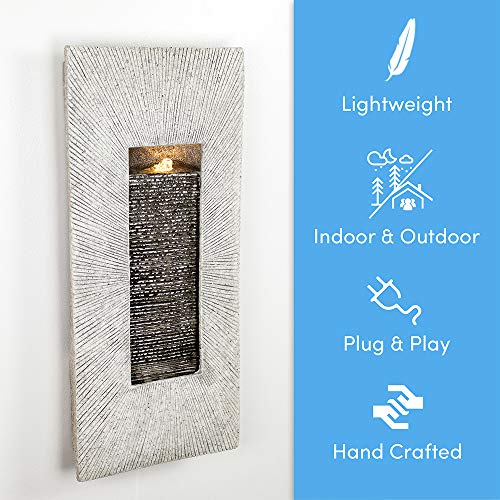 Rectangle, Indoor/Outdoor Wall Fountain 24” x 11” | Handcrafted Natural Stone Look with LED Lights, Adjustable Speed, Calming Waterfall Sounds | Made with Polyresin Material (Tan)