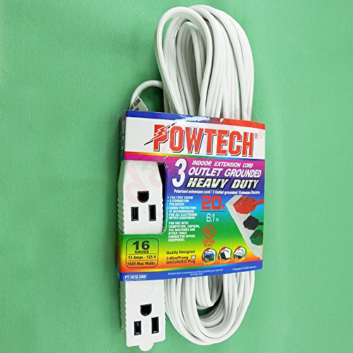 Buy Powtech 20 Feet HEAVY DUTY 3Prong 3 Outlet Extension Cord White