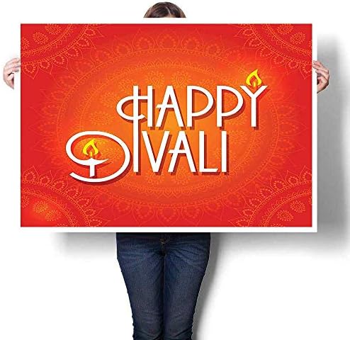 SCOCICI1588 3D Hand Painting,Happy Diwali Wish Festive Celebration Candles Fires Paisley Backdrop Print ES Red and Painting,Art Modern Abstract Wall Art for Living Room,28" W x 16" L(Frameless)
