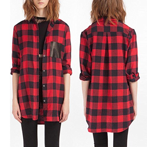 Lightning Deals Oversized Blouse,ZYooh Fashion Women Plaid Long Sleeve Shirt Tunic Tops (Red, XL)