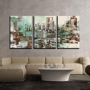 3 Piece Canvas Wall Art - Cityscape with Abstract Textures,Illustration Painting - Modern Home Art Stretched and Framed Ready to Hang - 16"x24"x3 Panels