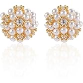 Round Pearl Flower Stud Earrings for Women Sterling Silver Post Gold-Tone CZ Crystal Shell Pearl Cluster Bouquet Ball Small Studs Cartilage Earring Elegant Wedding Holiday Jewelry Gifts