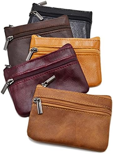 Women's Genuine Leather Coin Pouch Zip Mini Purse Wallet Key Chain Double Zipper