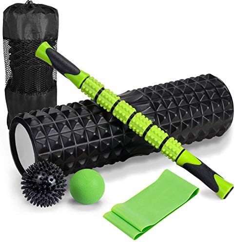 6 in 1 High Density Massage Foam Roller Kit 18" Large Foam Roller with Muscle Roller Stick 2 Massage Balls & 1 Resistance Band for Avoid Physical Injury Prevention Stretching Yoga & Trigger Point