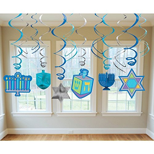 Amscan Joyous Hanukkah Festival Menorah Hanging Swirl Ceiling Decoration, Blue/Teal/Purple, Paper, Pack of 24