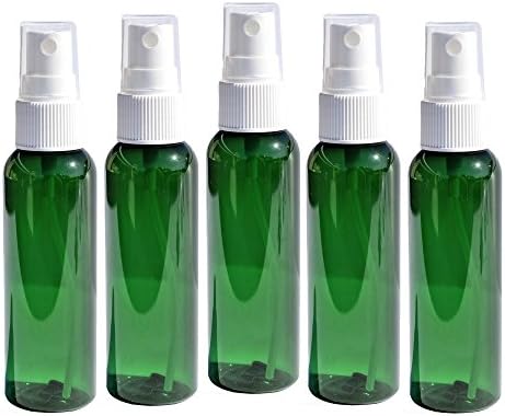Travel Spray Bottles 2oz. Green PET Plastic Sets with White Fine Misting Sprayers for Essential Oils, Aromatherapy, Perfumes, Bug Repellant, Liquids (5)