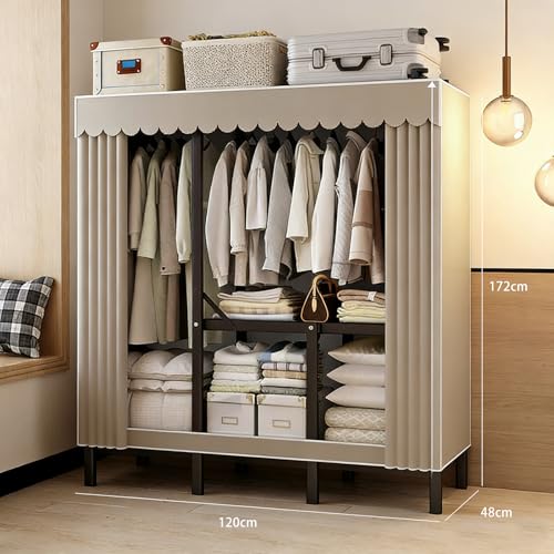 Beauenty Portable Folding Wardrobe Closet with Fabric Cover, Heavy Duty Portable Wardrobe Closet with Shelves & Hanging Rail, Wardrobe Storage for Bedroom, One Piece Folding Design, Strong & Stable