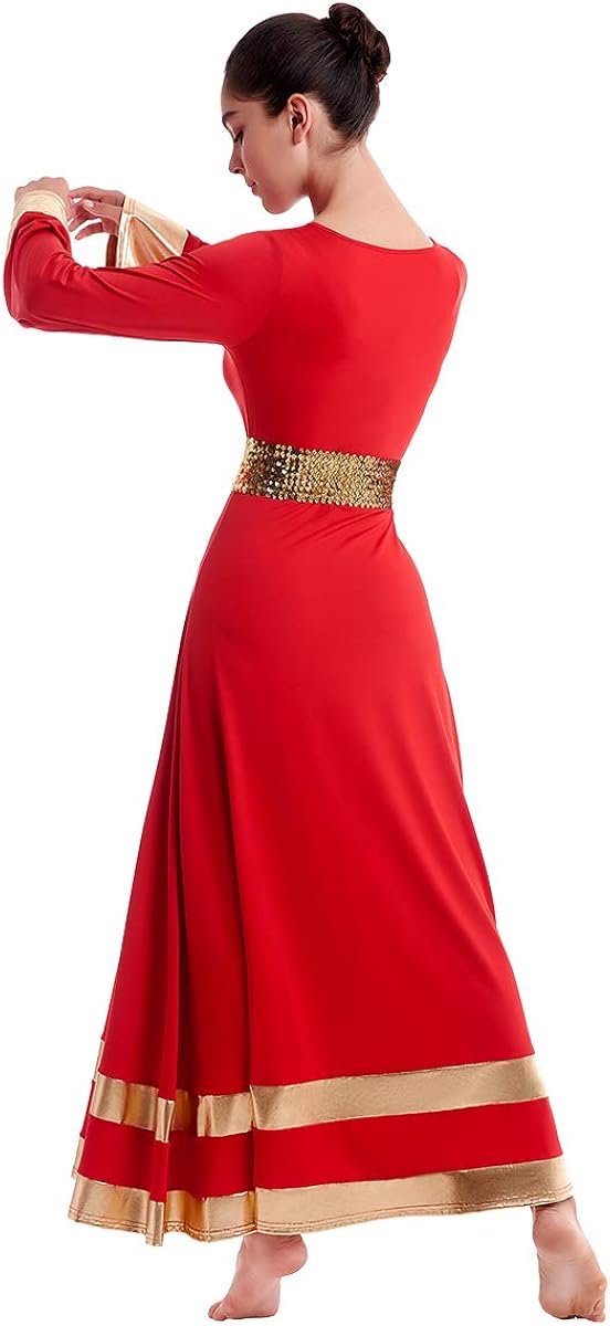 Women Metallic Praise Dance Dress Bell Long Sleeve Full Length Liturgical Tunic Skirt+Sequins Waistband Worship Costume: Clothing
