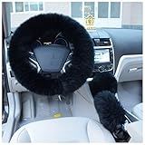 BELLESIE 3pcs 1 Set Soft Fluffy Plush Australian Wool Car Steering Wheel Cover with Handbrake Cover & Gear Shift Cover for 14.96