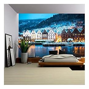 Night View in Bruges, Bergen, Norway - Removable Wall Mural | Self-Adhesive Large Wallpaper - 66x96 inches