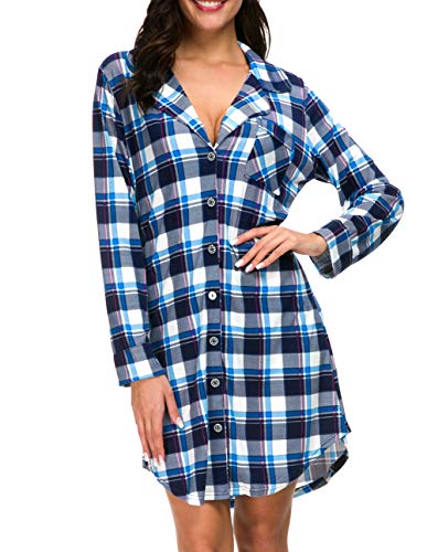 Aoymay Womens Long Sleeve Nightgown Sleepwear Summer Slip Night Shirt Pajamas Dress(Blue L)