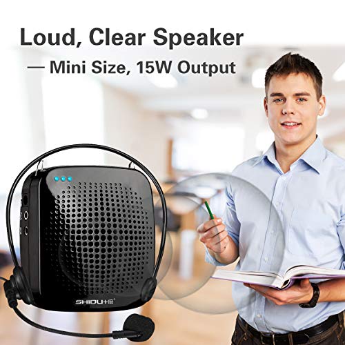 Voice Amplifier with Wired Microphone Headset 15W Mini Voice Amplifier Portable Headset Microphone with Speaker for Teachers Rechargeable Personal Microphone Support MP3 Playing