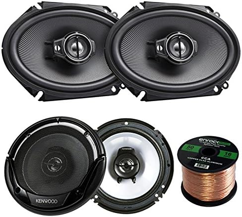 2 Pair Car Speaker Package of 2X Kenwood 720-Watt 6x8 Inch 2-Way Black Custom Fit Coaxial Speakers + 2X 6.5 2-Way Car Audio Speaker + Enrock 16g 50 Ft Speaker Wire