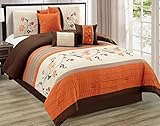 Modern 7 Piece QUEEN Floral Embroidered Bedding Orange / Brown / Beige Stripe Comforter Set with accent pillows