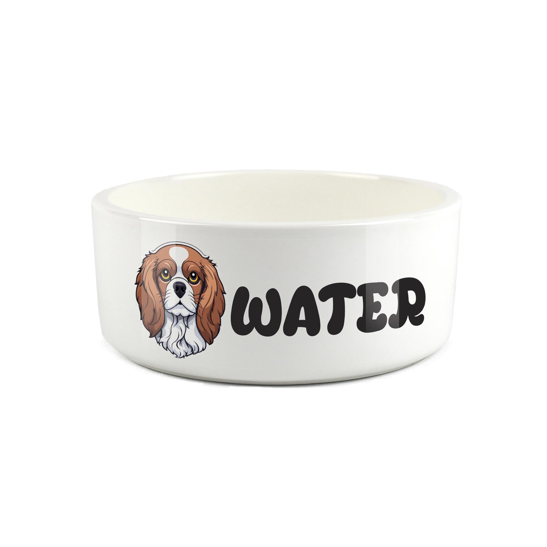 Cavalier King Charles Spaniel Pet Bowl - Cartoon Dog Portrait Large Ceramic Water Bowl - Novelty White Water Dish For Dogs