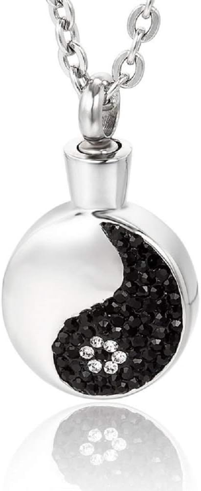 Heartfelt Black and Silver Yin and Yang Cremation Jewelry Necklace Urn Memorial Keepsake Pendant for Ashes with Funnel Fill Kit