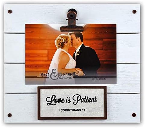 Spiretro 4 x 6 inch Sentiments Memorial Picture Frame with Metal Clip, Textured Wood & Burlap Printed Love is Patient, Tabletop Display by Easel, Wall Hang Decor, Distressed White Clip Photo Holder