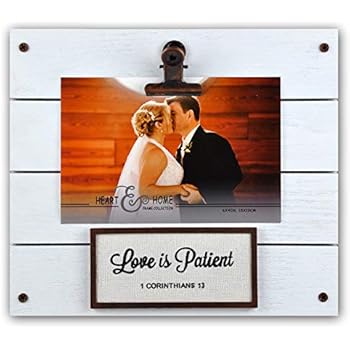 Spiretro 4 x 6 inch Sentiments Memorial Picture Frame with Metal Clip, Textured Wood & Burlap Printed Love is Patient, Tabletop Display by Easel, Wall Hang Decor, Distressed White Clip Photo Holder