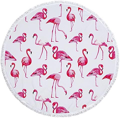 Round Beach Towel Thick Terry Cotton with Fringe Tassels - Various Designs &amp; Colors (Flamingos)