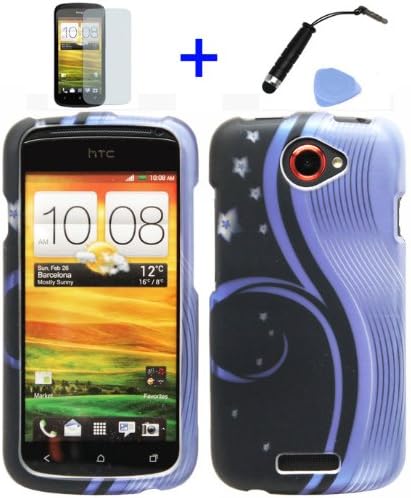 (4 items Combo: Stylus Pen, Screen Protector Film, Case Opener, Graphic Case) Purple Aurora Wave Black Night Snow White Flower Vine Design Rubberized Snap on Hard Shell Cover Faceplate Skin Phone Case for T-Mobile HTC One S / Ville