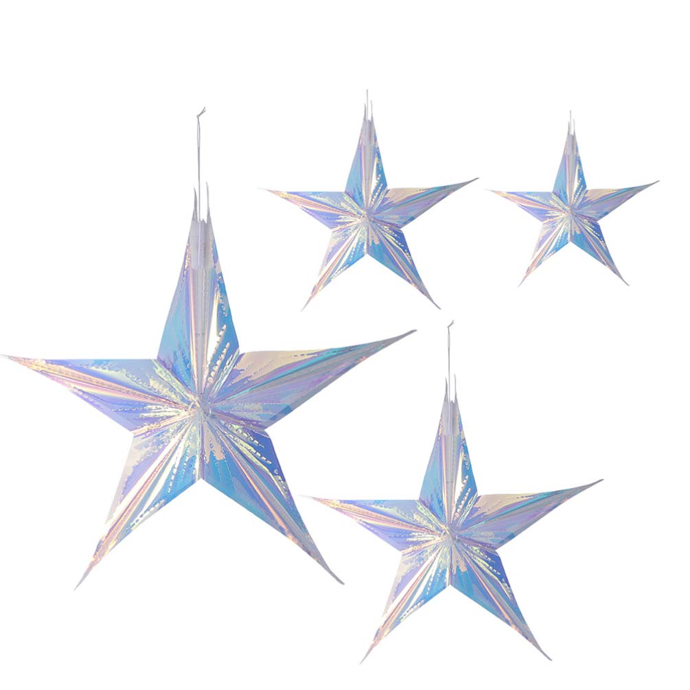 Amosfun 4pcs Christmas Iridescent Star Decoration, 15+30+40+60cm Holographic Star Ceiling Decorative Ornaments, Holiday Hanging Lamp, Christmas Party Supplies