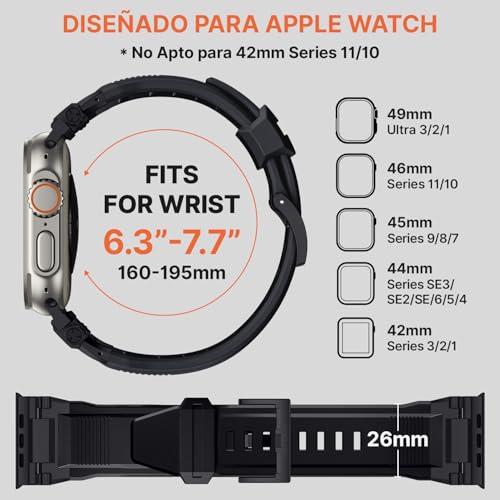 Bandletic R-Steel Strap Compatible with Apple Watch Ultra 2/Ultra 49mm, Series 10 46mm 9/8/7 45mm SE2/6/SE/5/4 44mm 3/2/1 42mm, Robust FKM Replacement Bracelet with Elegant Design Metal Connector, Black