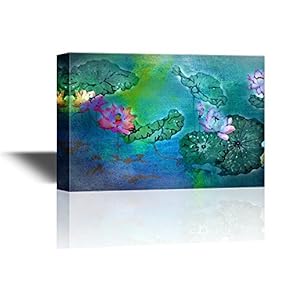 Canvas Wall Art - Green Lotus Leaves and Pink Lotus Flowers on Abstract Background - Gallery Wrap Modern Home Art | Ready to Hang - 12x18 inches