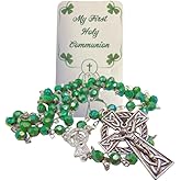 Westmon Works First Communion Rosary Irish Edition Set with Green Ireland Beads Metal Celtic Crucifix Holy Card and Carry Bag