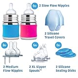 Pura Stainless Starter Gift Set with 5oz/150 ml Stainless Steel Infant Bottles(2) Silicone Slow-Flow Nipples(2), Medium-Flow Nipples(2), XL Sipper Spouts(2) Sealing Disks(2), Sleeves(2)- Aq&Pnk