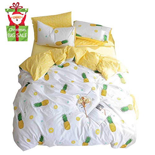 XUKEJU 100% Cotton Soft Children/Adults Duvet Cover Set Yellow Fruits Printed Pattern Reversible Boys Girls Bedding Set Pineapple 3 Pieces with 2 Pillow Cases Best Bedding Gifts Queen/Full Size