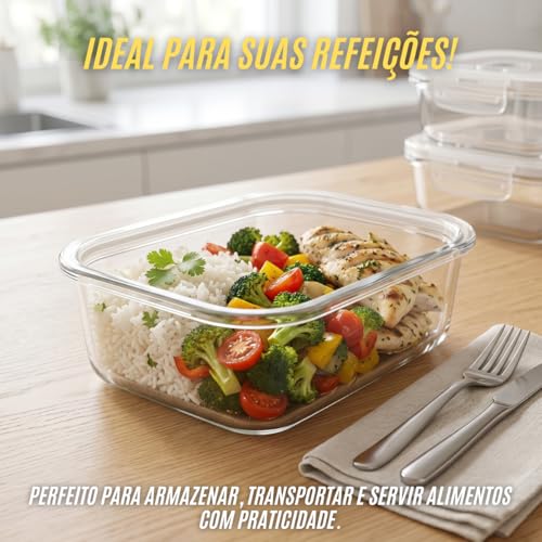 Kit 5 Potes Herméticos de Vidro Resistente de 650ml com Travas de Segurança e Tampa com Válvula | Próprio para Freezer, Microondas e Forno - Kit 5 Unidades