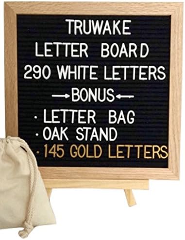 Letter Board - 10x10 Inch Solid Oak Frame Black Felt Letter Board with 435 Letters - Changeable Letter Board Includes 290 White Characters, BONUS 145 Gold Characters, Oak Stand, Letter Bag by TruWake