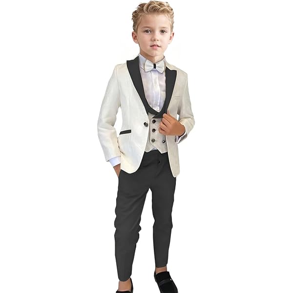 Boys 3-Piece Tuxedo Suit Set - Jacquard Slim Fit Blazer, Vest & Pants For Weddings & Formal Events