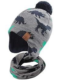 Duoyeree Kids Beanie Hat for Boys Girls Pom-pom Kint Hats Cozy Lining Winter Skull Cap (Dinosaur Hat and Scarf Set, 4T-7T)