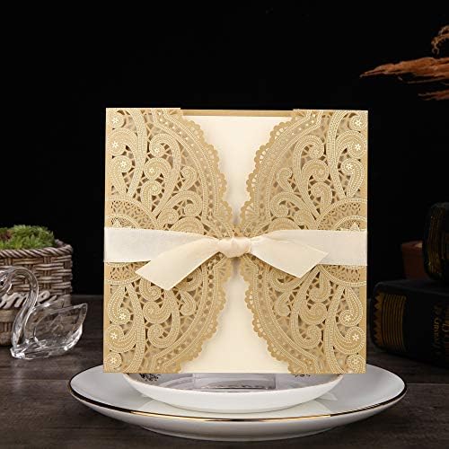 PONATIA 25 PCS Square Laser Cut Wedding Invitations Cards Set with Ribbon for Wedding Bridal Shower Engagement Birthday Graduation Invite (Dark Gold)