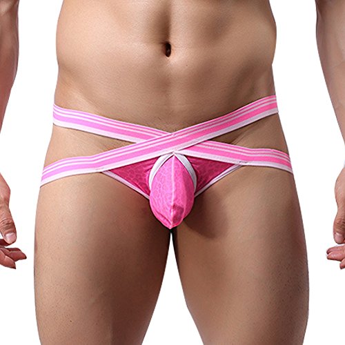 YiZYiF Men's Smooth Mesh X-String G-String Thin Open Back Bulge Pouch Underwear Hot Pink XX-Large