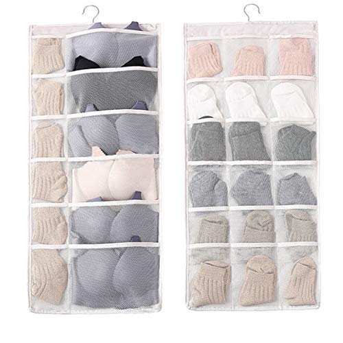 Allazone Double-Sided Hanging Storage Organiser with 30 Pockets, Space-Saving Clothes Organiser for Small Wardrobe, Socks & Underwear Storage